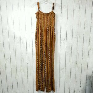 Aeropostale Women's Mustard Striped Floral Smocked Jumpsuit Size M
